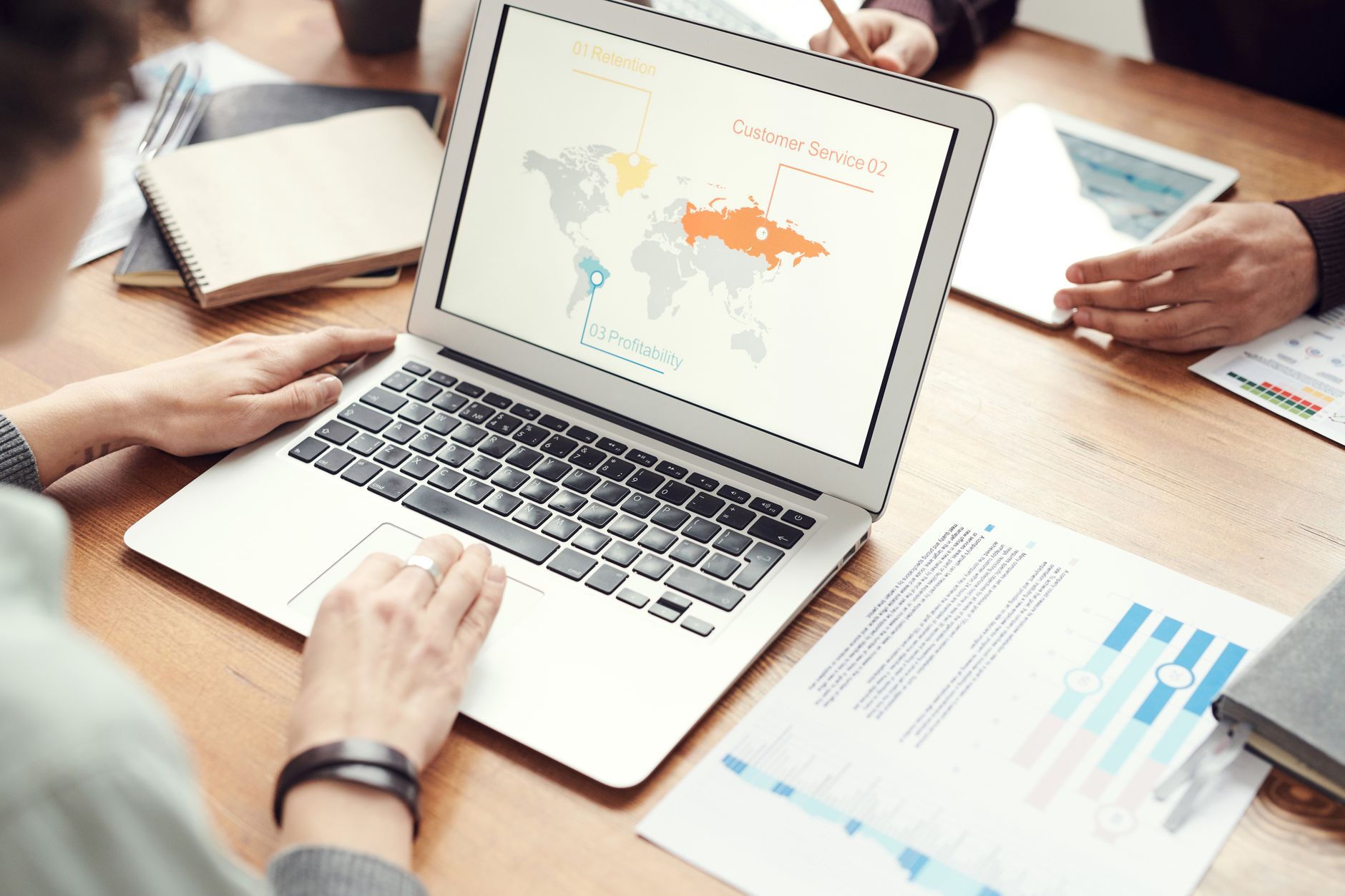 Zespół przy laptopie analizuje globalne dane na wykresach